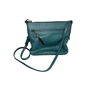 Fossil Teal Pebbled Leather Crossbody Bag Adjustable Strap Zip Top Pockets